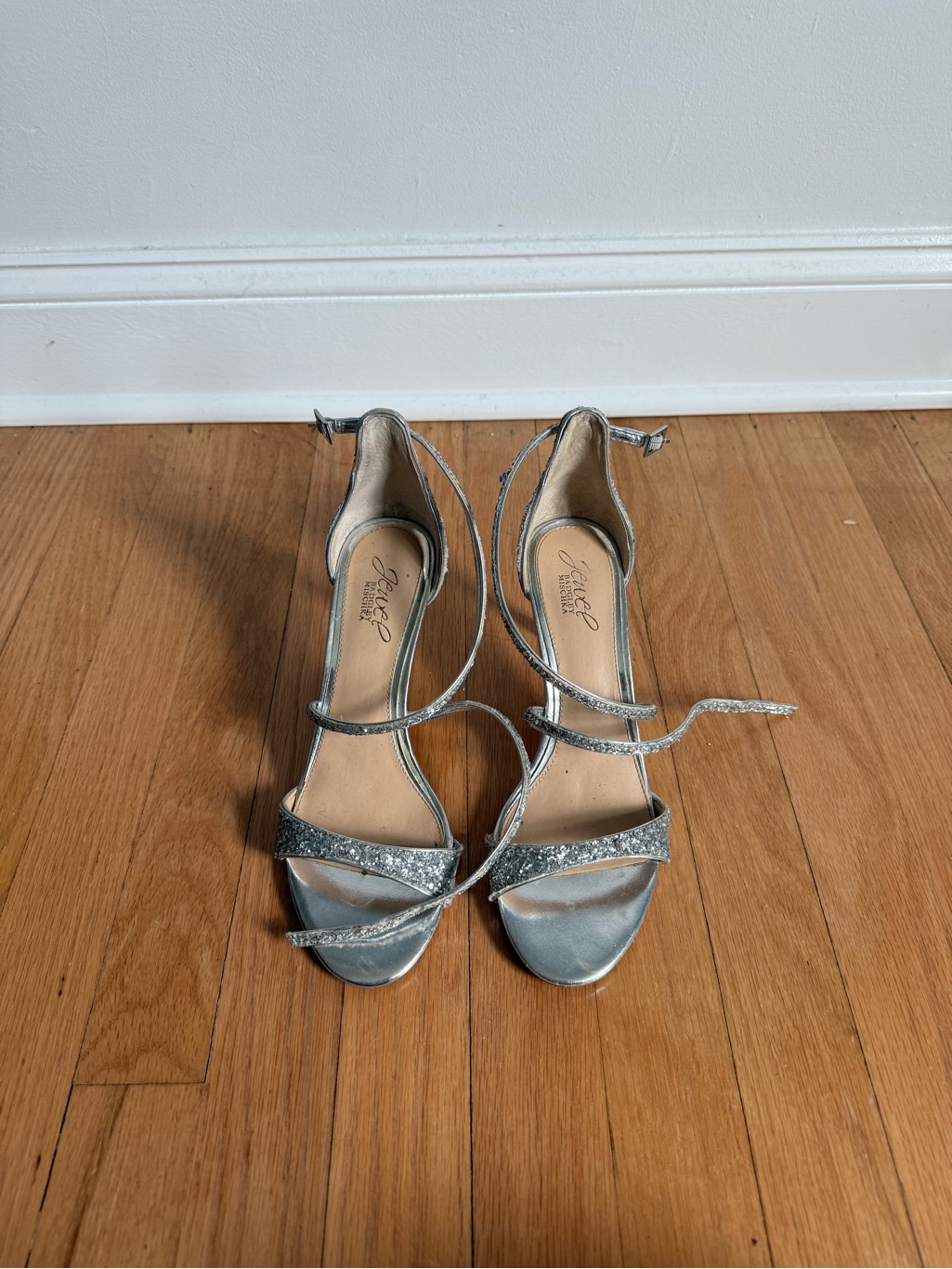 Jewel Badgley Mischka Silver Glitter Ankle-Strap Heels